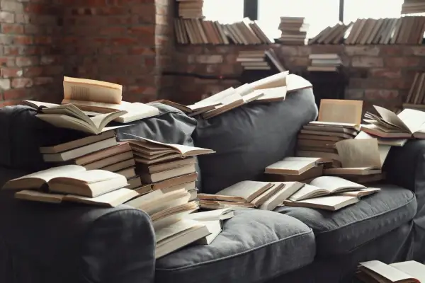 Stare książki na kanapie, stosy i otwarte tomy. Zastanawiasz się, gdzie oddać stare książki? Może biblioteka lub lokalna akcja charytatywna?