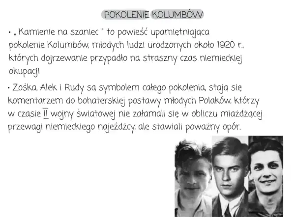 Trzech młodych Polaków, bohaterów "Kamieni na szaniec", którzy stawiali opór niemieckiemu najeźdźcy. Książkę napisał Aleksander Kamiński.