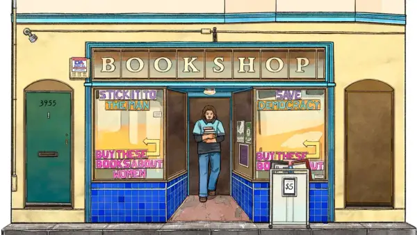 Mężczyzna wychodzi z księgarni z książkami. Szyby witryn zachęcają: "Stick it to the man", "Save democracy", "Buy these books about women". Idealne miejsce na krótkie rymowanki dla dorosłych.