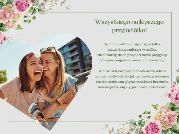 Dwie przyjaciółki śmieją się radośnie. Kartka z życzeniami i krótkie wierszyki dla koleżanki, ozdobiona kwiatami.