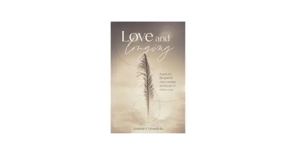 Okładka książki "Love and Longing" z piórkiem i tekstem o miłości i tęsknocie.