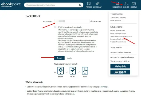 Ustawienia konta ebookpoint: jak ściągnąć książki na Kindle. Wybierz format EPUB, MOBI lub PDF.