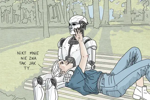 Dziewczyna leży na robocie, który siedzi na ławce w parku. Robot czule dotyka jej policzka. "Nikt mnie nie zna tak jak ty..." - mówi dziewczyna. To idealne czułe wierszyki dla niego.