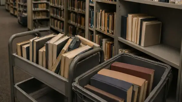 Wózki z książkami w bibliotece. Czy biblioteka przyjmuje książki? Widać regały pełne książek i wózki z nowymi pozycjami.