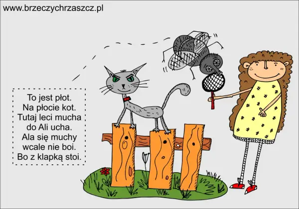 Kot na płocie, mucha leci do ucha Ali. Ala się nie boi, bo ma klapkę. Idealne krótkie wierszyki dla chłopaka!