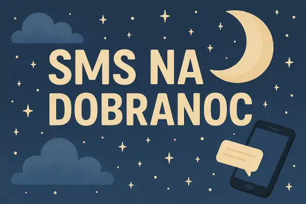 Nocne niebo z księżycem i gwiazdami. Na ekranie telefonu widnieje dymek czatu, a napis "SMS NA DOBRANOC" sugeruje śmieszne wierszyki na dobranoc.