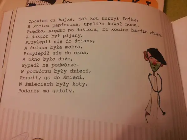Wierszyki z przekleństwami: pijany doktor, który spadł z okna i został obrzucony śmieciami przez dzieci.