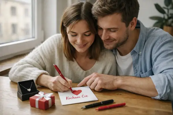 Para pisze kartkę z napisem "Kocham Cię" i prezentami. Może to początek wierszyka dla żony?