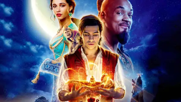 Aladyn trzymający magiczną lampę, z której wydobywa się złoty dym. Obok księżniczka Dżasmina i Dżinn.