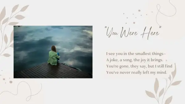 Wiersz dla przyjaciółki od serca. Dziewczyna siedzi na pomoście, patrząc na odbicie chmur w wodzie. "You Were Here" - wspomnienie bliskiej osoby.